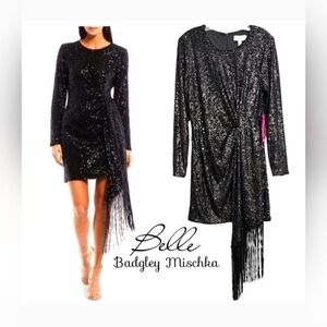 Belle Badgley Mischka Harley Black Sequin Crew Neck Long Sleeve Fringe Dress 8